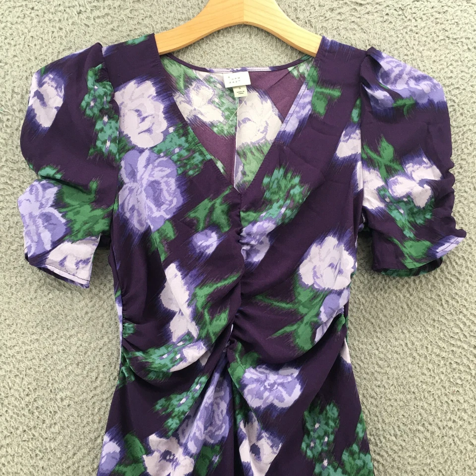 Vestido A New Day Floral Crepé Alto Bajo Para Mujer S Púrpura Manga Corta Informal Cuello en V Foto 3 de 4