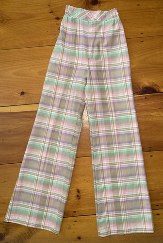 Vintage 70s Bell Bottom Pants Plaid Flare Wide Leg Disco Pink Plaid Hippy XS