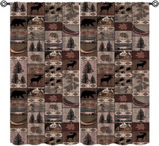 Retro Rustic Style Curtain, Moose Deer Bear Leaf Tree Country Style Farmhouse