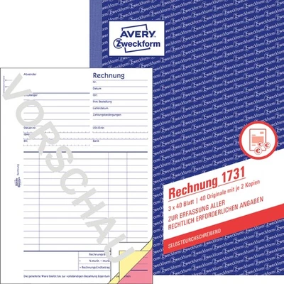 AVERY ZWECKFORM 3x Zweckform Rechnung 1731 A5 selbstdurchschreibend 3x 40 Blatt Formularbuch