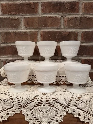 Set 6 Vintage Anchor Hocking Milk Glass Footed Sherbert Dessert Cups Grape Leaf