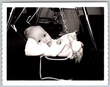 Vtg Snapshot Cute Baby In Swing 1950s
