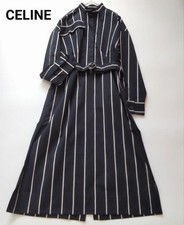 CELINE Phoebe-Era Striped Long-Sleeved Shirt Dress With Belt Size 36 Navy Cotton