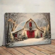 Vintage Farmhouse Christmas Barn Painting - Winter Snow Scene with Red Doors