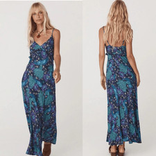 Spell Peacock Floral Viscose Maxi Slip Dress Purple Teal Boho Ruffle | Size M