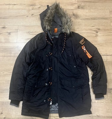 NEW Superdry SD3 Parka Mens Large Fur Hood Coat Microfibre Jacket Black Full Zip