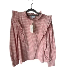 NWT FRNCH Paris “Janet” Pink Checkered Ruffle Prairie Blouse Size S French Chic 