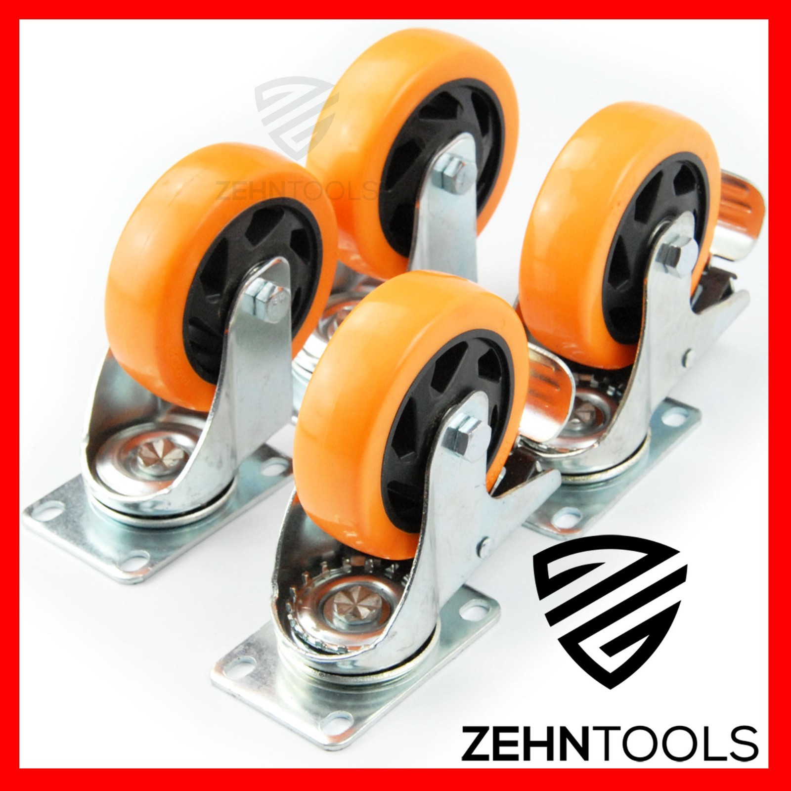 HEAVY DUTY 3"" CASTORS WHEELS RUBBER SWIVEL BRAKE TROLLEY TRUCK DOLLY TOOL BOX