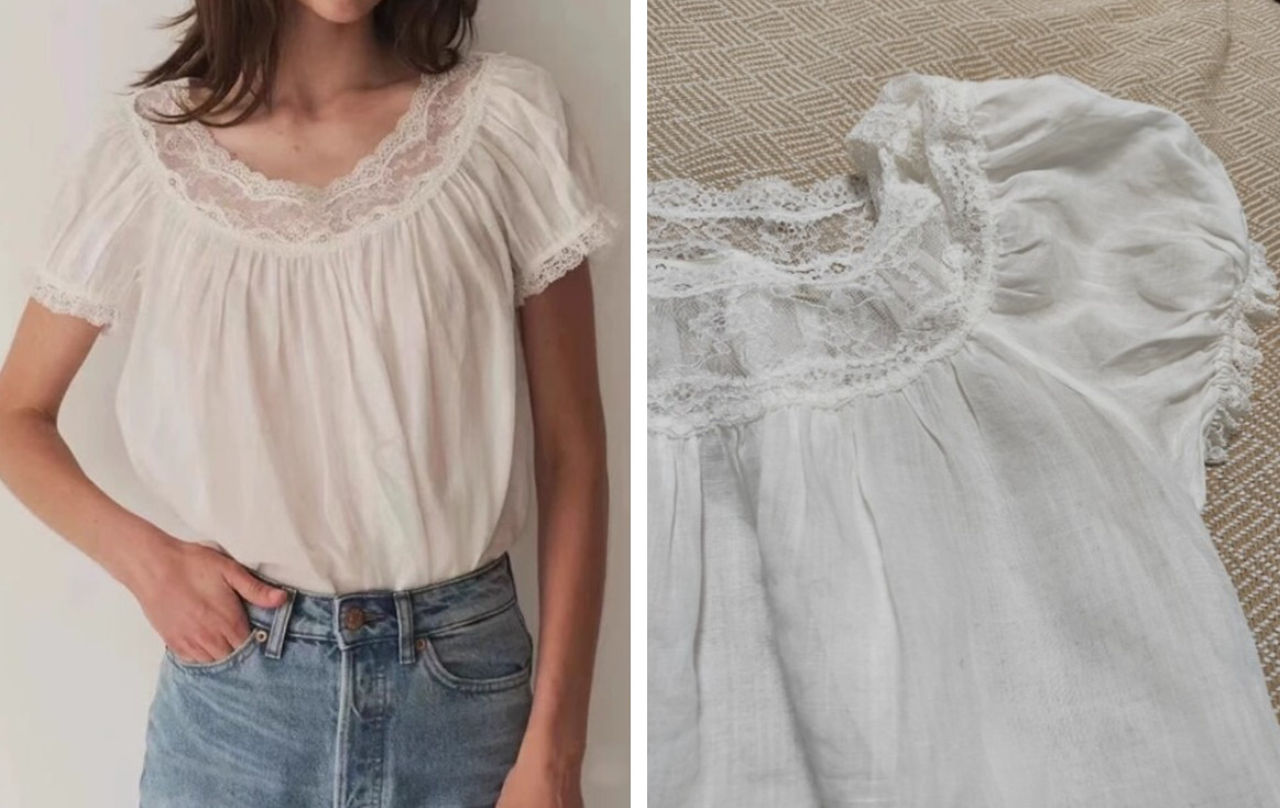 Women Doen Round Neck Lace Puff Sleeve Top White