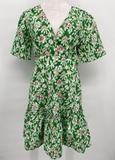 THML Dress Womens Medium Green Floral Puff Sleeve Ruffle Hem Coastal Cottage