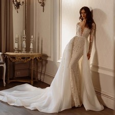 Sweetheart Long Sleeve Mermaid Wedding Dress with Detachable Train Backless Lace
