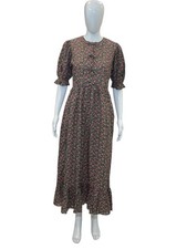 Doen Women's Floral Printed Puff Sleeve Multicolor Cotton Long Maxi Gown Dress S