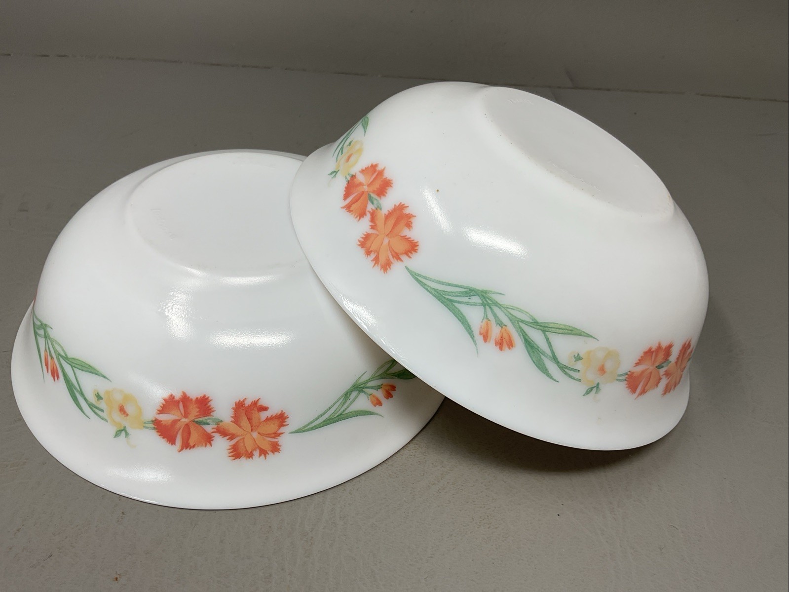 Set of 2 ARCOPAL France white milk glass bowls with orange wildflowers for soup or cereal