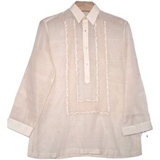 Vtg Prince Albert Barong Tagalog Filipino Shirt Mens Large Tan Hand Embroidered