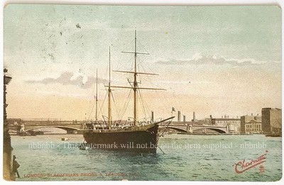 London, Blackfriars Bridge und Schulschiff Postkarte 1907. Themse Segelschiff