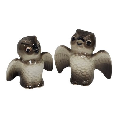 Vintage Mid Century Owl Salt & Pepper Shakers Anthropomorphic Gray Porcelain Set