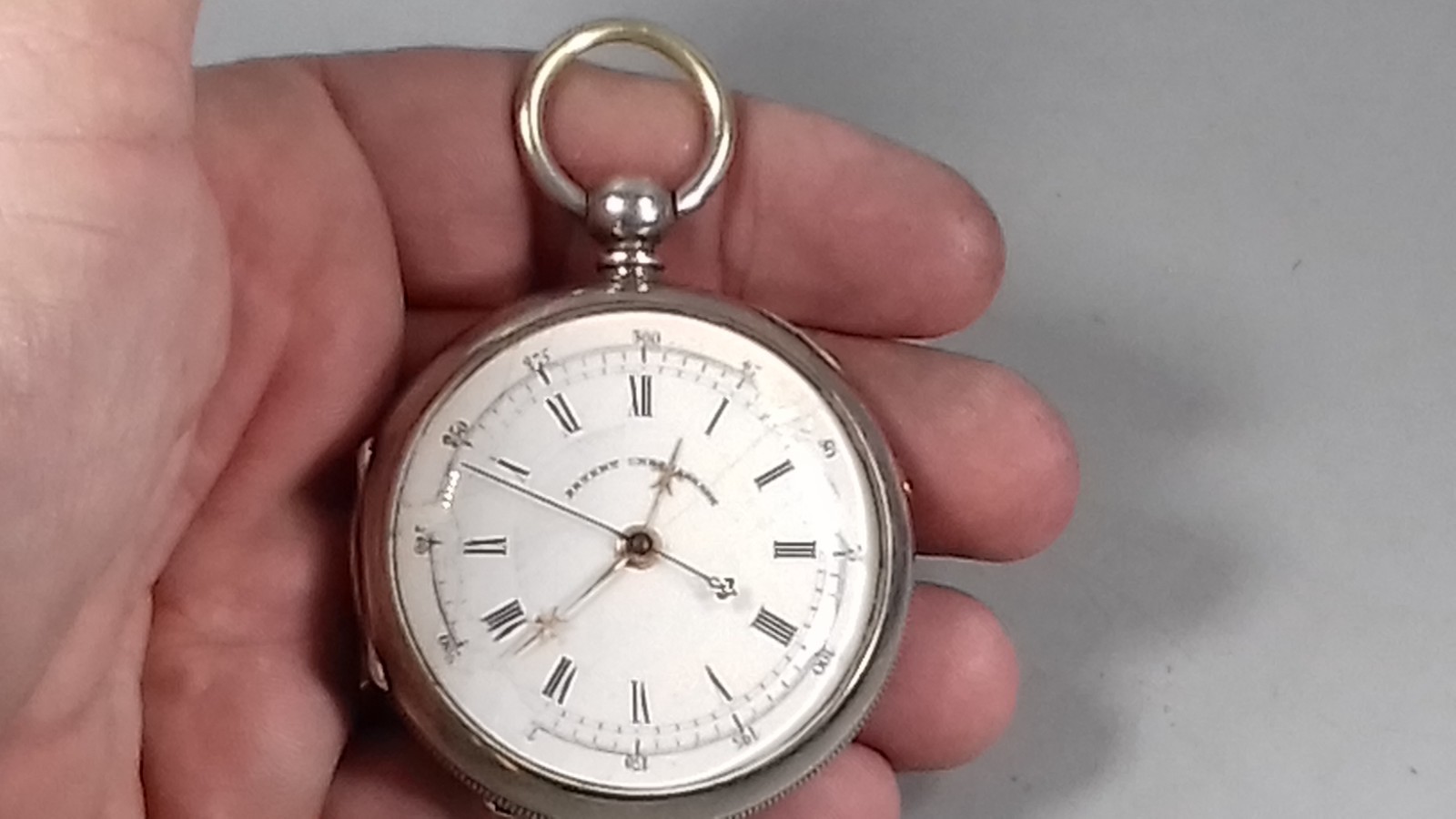 SOLID SILVER PATENT CHRONOGRAPH POCKET WATCH MENS… - image 9