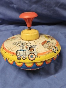 Ohio Art Vintage Tin Litho Spinning Top w/ Handle, Train & Circus Graphics