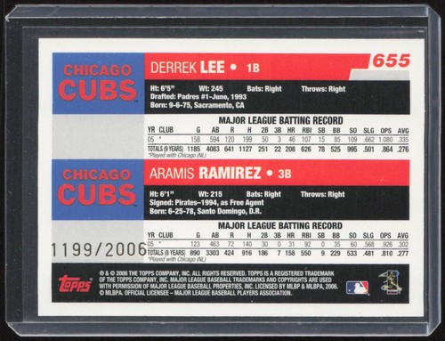 2006 Topps #655 Cub Corners (Aramis Ramirez / Derrek Lee) Gold #/2006 - Picture 2 of 2