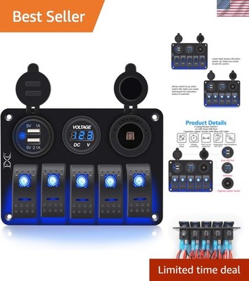 Waterproof Marine Boat Rocker Switch Aluminum Panel 5 Gang with Dual USB Slot...
