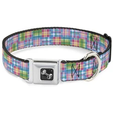 Dog Collar Bone Madras Plaid Pink Medium 11-16.5"