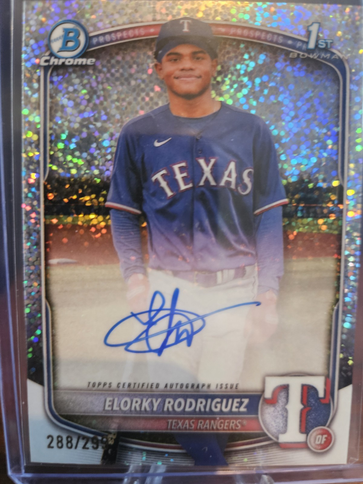 Elorky Rodriguez 2025 Bowman Chrome 1st Bowman Auto Sparkle /299 Texas Rangers