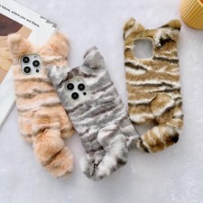 For iPhone 15 14 13 12 11 Pro Max 7 8 XR Cute Tiger Plush Fluffy Case Cover
