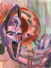 Beautiful Gouache Painting Paper 1980 African Mask Art Purple To Identify