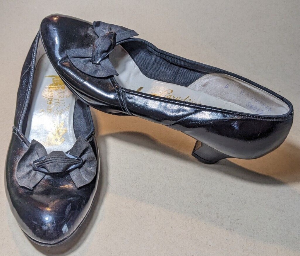 Vintage Paradise Kittens Heeled Shoes Black Bows Buck… Gem