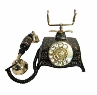 Brass Rotary Dial Working Telephone Beautiful Black Carved Designer Best Gift