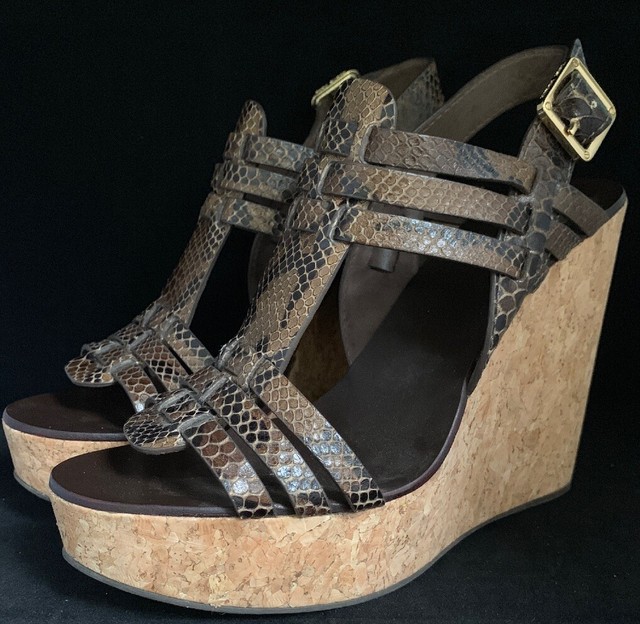 Tory Burch Wedge 8.5 Leather Cork Platform Sandals Shoes Brown Skin Print $385 | eBay