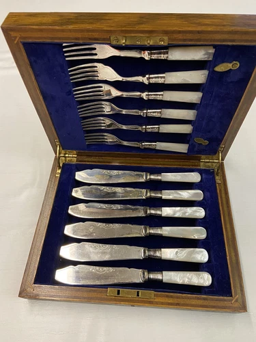 VINTAGE HB&S Stamped Silver Plated Mother Of Pearl Knife/Fork 12 pc Flatware Set