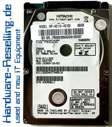 Hitachi 250GB HDD 2,5" 5,4K SATA 3Gb/s 8MB  HTS543225A7A384 0J11522 Travelstar