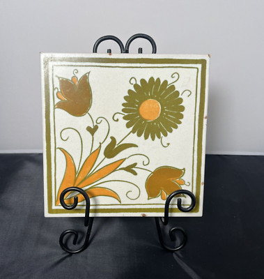 Hand Painted Glazed Terracotta 8x6 Tile Trivet Made in Italy Flowers Green Org