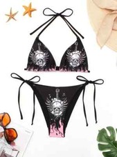 Halloween Skull Pattern 2 Piece Set Bikini, Halter V Neck Tie Back Backless Tie