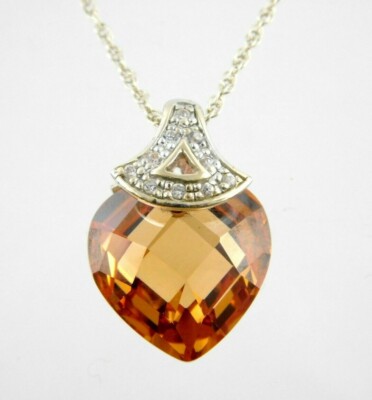 SU Sterling Silver Orange and White Cubic Zirconia Pendant Necklace 925 CZ  18 In