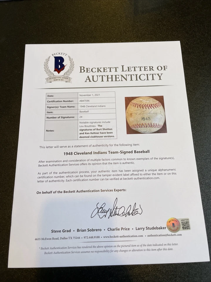 1948 Cleveland Indians World Series Champs Team Signed Baseball Beckett COA - Image 3 of 4