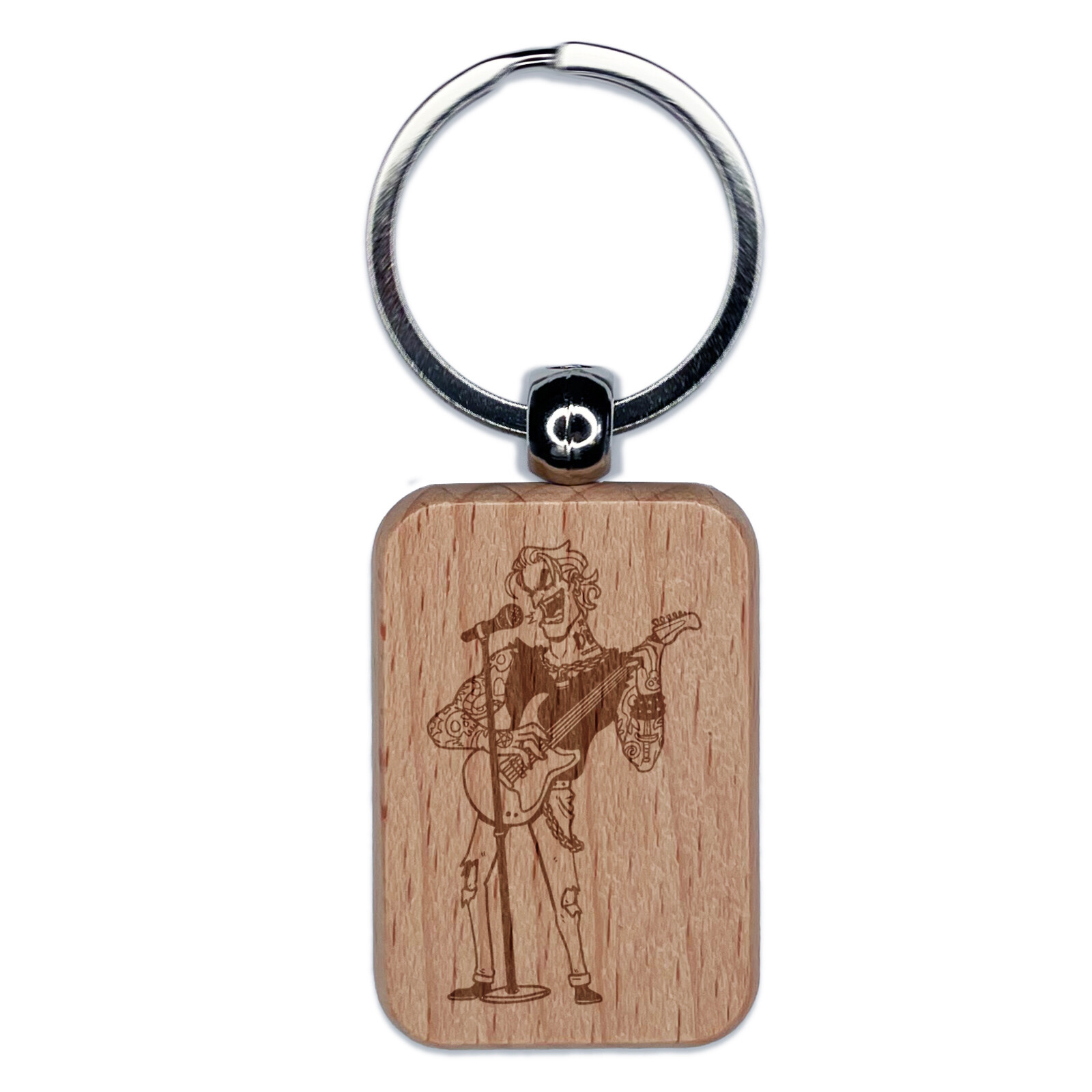 Musician Rockstar Singer with Guitar Engraved Wood Rectangle Keychain Tag Charm