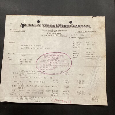 1914 American Steel & Wire Co Chicago Invoice Document