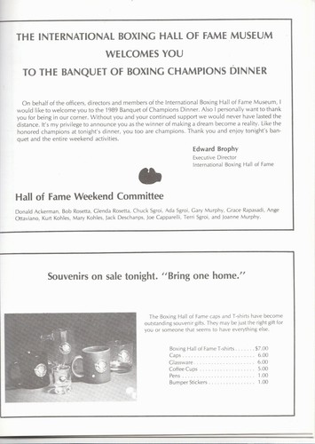 1989 INTERNATIONAL BOXING HALL OF FAME BANQUET OF CHAMPIONS PROGRAM JUNE 9, 1989 - Picture 2 of 3