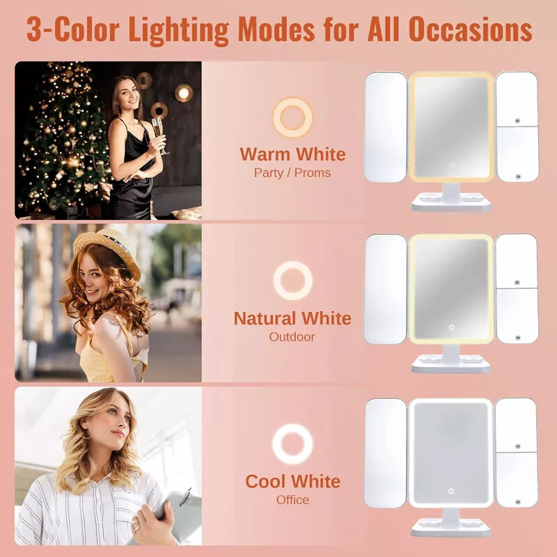 Foldable and portable LED vanity mirror with 3-colour lighting.