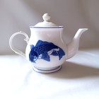 Cheng's White Jade Porcelain Teapot Sculpted Blue/White Koi Fish Design