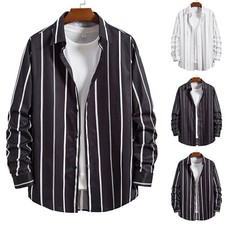 Mens Autumn And Winter Fashion Casual Striped Lapel Shirt Fitted Long Sleeve Top