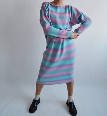 Multicolor merino wool dress Alpaca ombre striped sweater dress Long knit dress