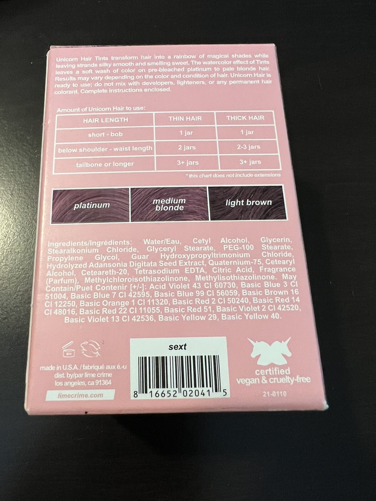 Lime Crime UNICORN HAIR DYE Temp Semi Permanent Full Coverage Tint SEXT 6.76 oz