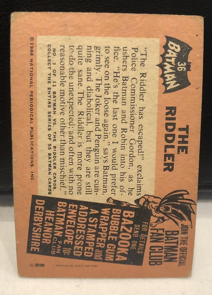 Batman 1966 Trading Card #36 , Black Bat Riddler Rookie Bazooka Print ...