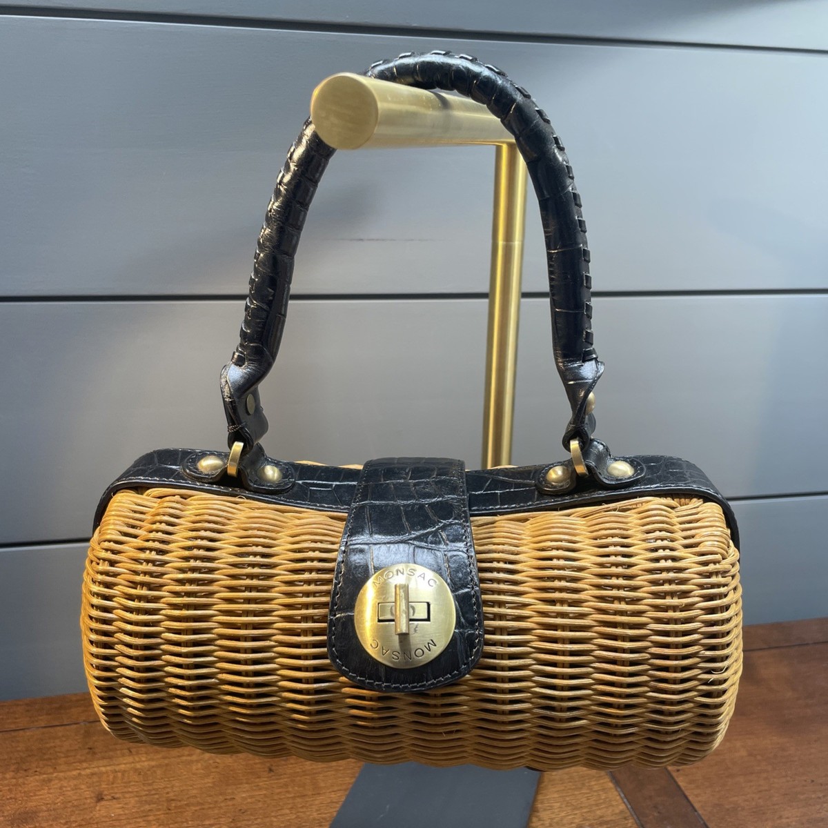Vintage MONSAC Woven Rattan + Leather Purse Handbag VGUC Classic