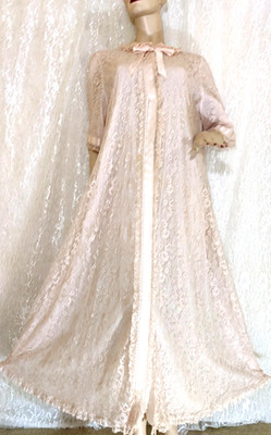 VTG Odette Barsa  Lace Overlay Pocket Pink Peter Pan Collar Dressing Gown Robe L