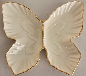 "LENOX" BUTTERFLY VTG CANDY DISH FINE PORCELAIN 24 KT GOLD TRIM HAND PAINTED USA