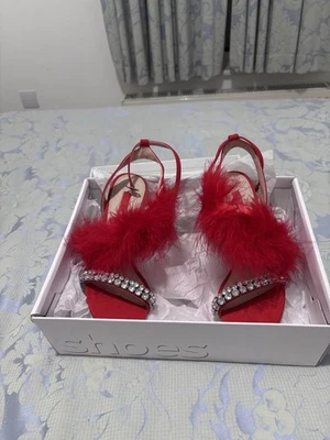 TOPSHOP Red Feather Rhinestone Strappy Stiletto Heels UK4 EU37 US6.5 - Image 1 of 4